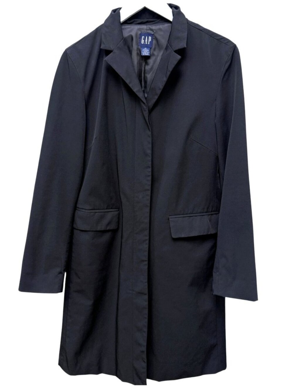 GAP Trench Coat Womens Black Stretch Long Jacket Modern Y2K Minimalist